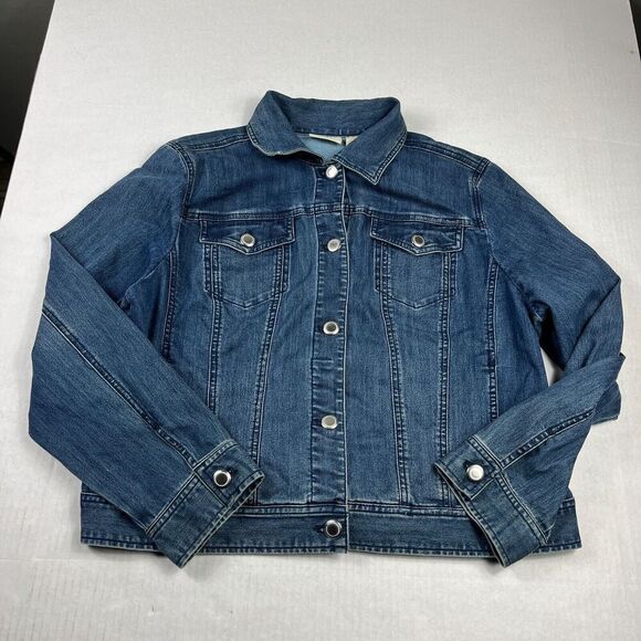 Chico's Jackets & Blazers - Chicos Womens Trucker Denim Jacket Blue Button Front Long Sleeve Classic 3 XL